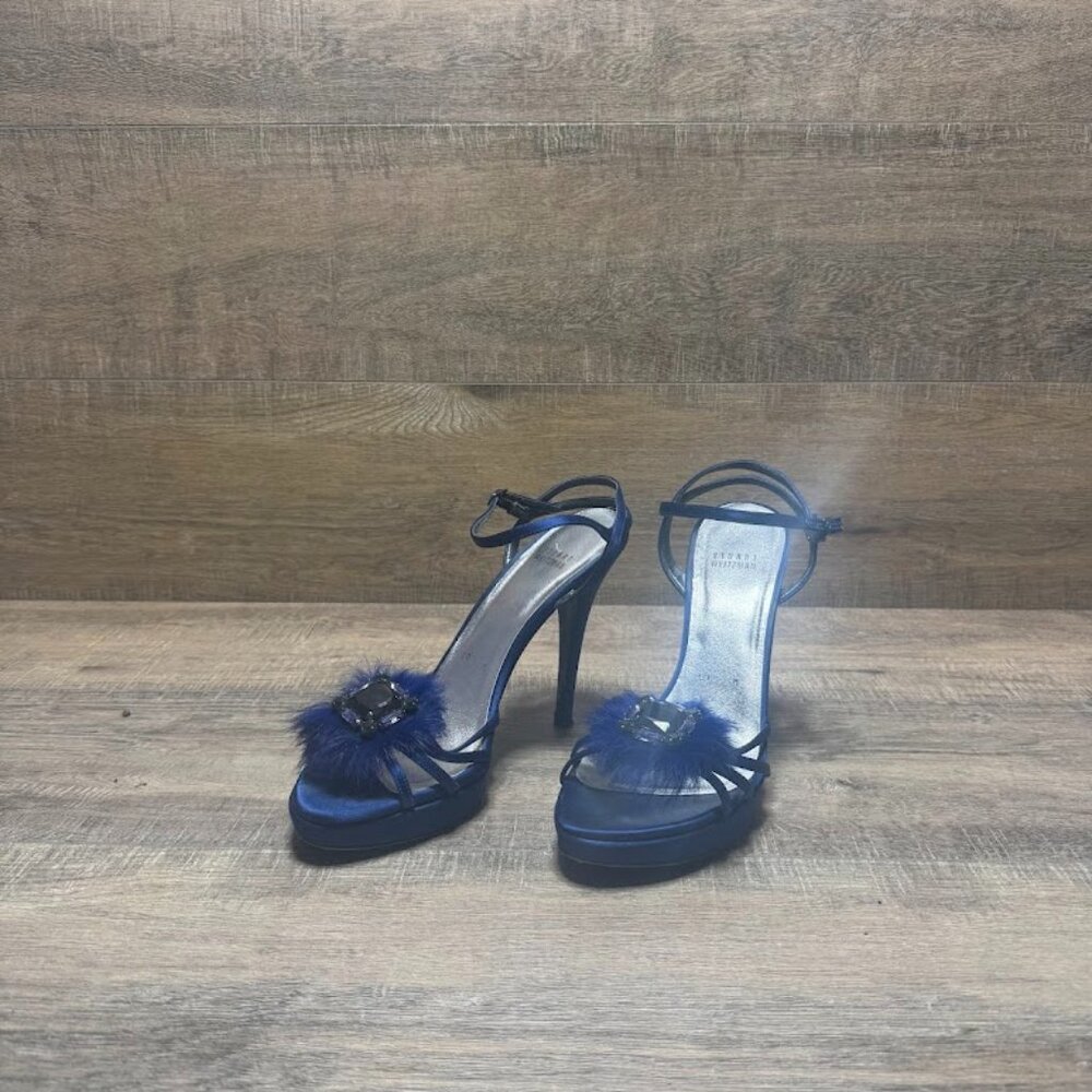 Stuart Weitzman "The Peacock" Blue Strappy Satin Stiletto Heels Women's Size 10